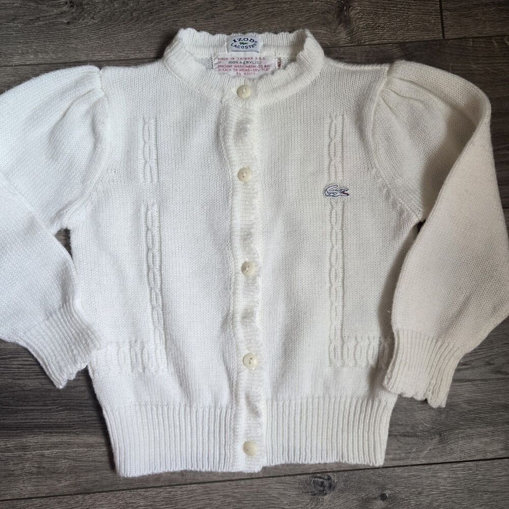 Vintage Izod Lacoste Girls White Knit Puff Sleeve Cardigan Sweater 4T Preppy